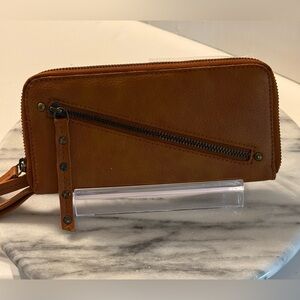 Free People Brown Vegan Leather Wristlet Wallet 8x4 Zip Around Closure CC Slots